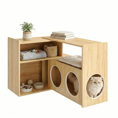 Meuble Litière Chat avec Rangement, Maison de Toilette Cachée Style Bois, Meuble Chat Flexible à Placer en Angle ou Droit, Armoire pour Litière pour Salon