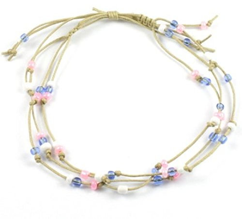 Handmade 3 String Pink and Blue Bead Surf Anklet on Beige Cord