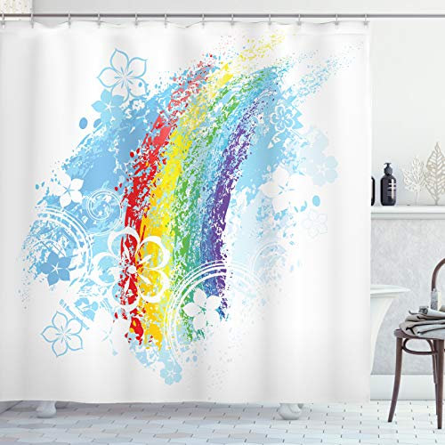ABAKUHAUS Regenbogen Duschvorhang, Grungy Bunte Blumen, Stoffliches Gewebe Badezimmerdekorationsset mit Haken, 175 x 200 cm, Weiss Mehrfarbig