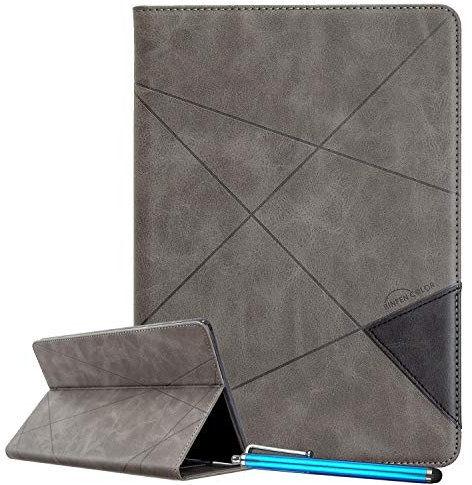LEMORRY Hülle für Amazon Fire 7, Premium Leder Tablet Hülle Flip Cover mit Kartenfächern, Ständer, Hidden-Magnetic (Grau)