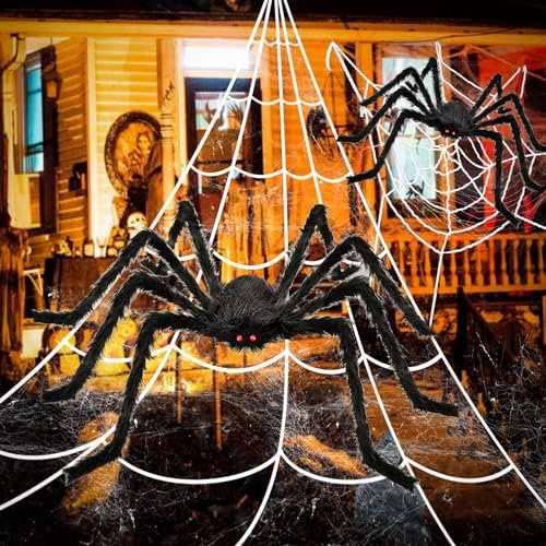 Halloween Decorations, 2Pcs 50'' Giant Spider + 200'' Triangular Spider Web and 100'' Round Spider Web, with Hook, Stretch Web and Ground Stakes for Indoor Outdoor Halloween Decor Haunted House Props