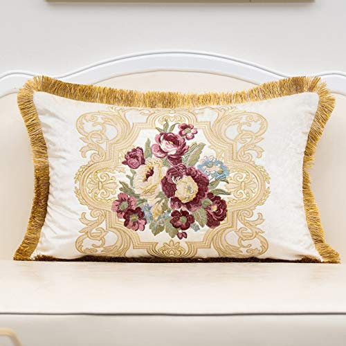 Alerfa Samt-Kissenbezug mit Quaste, 40,6 x 61 cm, europäische Stickerei, dekorativer Kissenbezug für Couch, Wohnzimmer, Schlafzimmer, Auto, Weiß