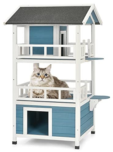 Maxmass Wooden Cat House, Kitten Playhouse Shelter with 2 Jumping Steps, Asphalt Roof and Escape Doors, Weatherproof Cat Cave for Indoor/Outdoor (60cm x 60cm x 126cm)