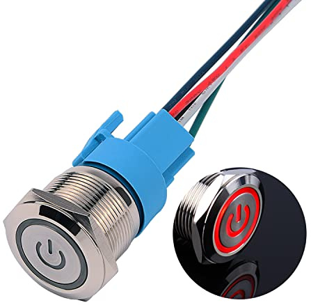 JIQI 22mm Interruptores de botón metal enclavamiento 12V a 24V 5A IP66 1NO1NC símbolo de alimentación LED precableados Botón encendido/apagado pulsador para modificación de vehículos RV (Rojo)