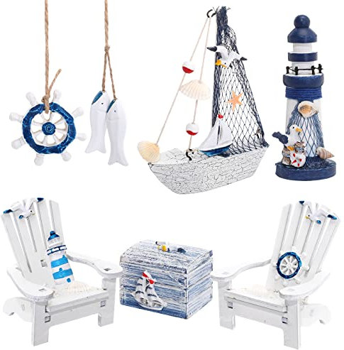 7 Stück Holzkiste Holz Leuchtturm Mini Segelboot Anker Holz Fisch Hängend Seestern Modell Weihnachtsbaumschmuck Aquarium Deko Landschaft Ornament Büro Mini Garten Landschaft