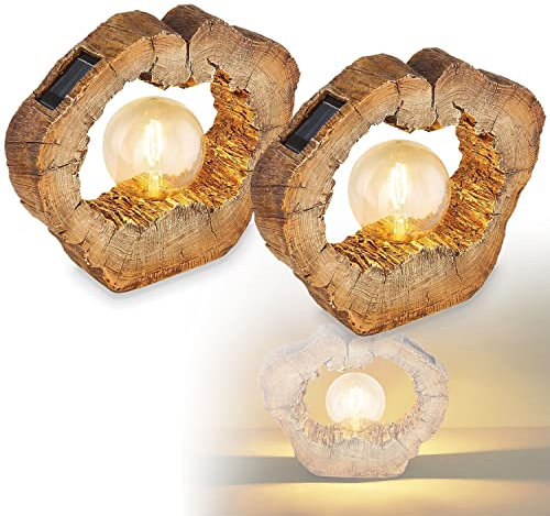 bmf-versand® Solarlampe für Außen Stehend Holzscheibe 2er Set – Solarleuchte Garten 25 cm Hoch – Außenleuchte Gartenlampe LED – Leuchte Solar Aussenlampe IP 44 Holzoptik Baumstamm