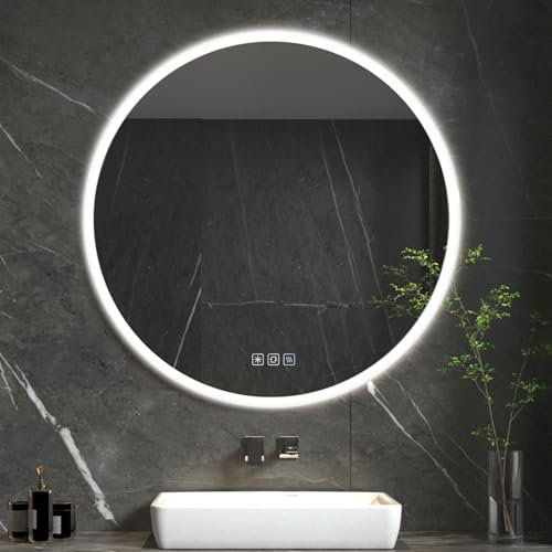 furduzz 600mm Round Led Bathroom Mirror, Illuminated Wall Mounted Bathroom Mirror with LED Lights, Touch Switch, Demister Pad, Dimmable, 3 Colour