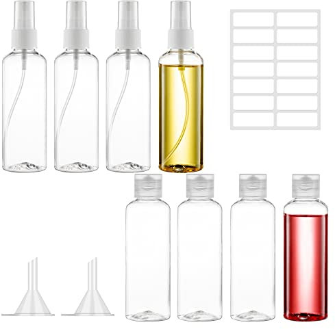 8 Pcs 100ml Plastic Bottles Travel Bottles for Toiletries, Refillable Transparent Liquid Containers Bottle with Funnels and Labels for Travel or Cosmetic (4 spray bottles Perfume +4 Flip Cap Bottles)