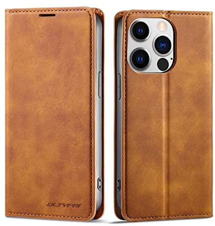QLTYPRI Case for iPhone 14 Pro, Premium PU Leather Cover TPU Bumper with Card Holder Kickstand Hidden Magnetic Adsorption Flip Wallet Case Cover for iPhone 14 Pro - Brown