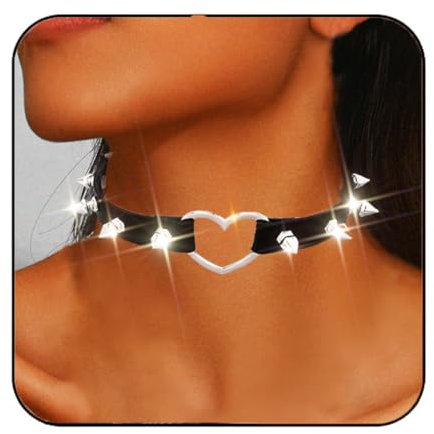 Flovel Gothic Leder Choker Halskette Punk Schwarz PU Leder Herz Halsband Rivet Harness Halloween Rave Party Schmuck für Frauen und Mädchen