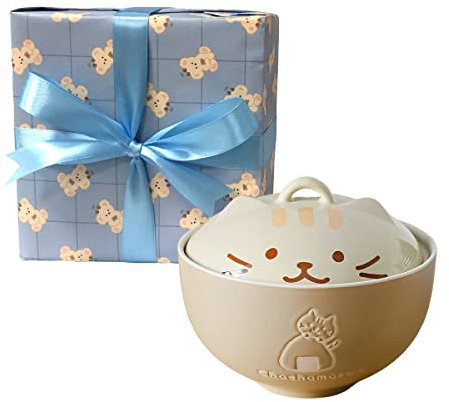 Japanese Style Ceramic Soup Bowls with Lids Ramen Bowl Cute Kitten Design for Mixing Salad, Noodle, Instant Noodles, Ramen Cooker, Kitchen Oven, Microwave Safe Bowl Cat Gifts for Cat Lovers (khaki)