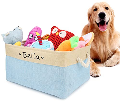 Personalised Dog Toy Box Storage, Foldable Dog Toy Basket with Cotton Handle, Puppy Toy Box for Organising Food Clothing and Dog Accessories,Customized Name and Paw Heart Print(Light Blue)