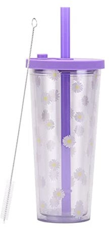 Reusable Boba Cup Smoothie Cup with Resealable Lid Plug - 20 oz Double Wall Insulated Boba Tea Cup Boba Tumbler Milk Tea Cup with Wide Reusable Straw (Purple)