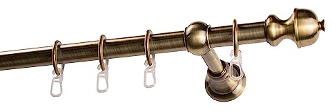 Garesa Gardinenstange Andrea Ø 20mm, 1-läufig, Messing, antik I Stabile Vorhangstange inkl. Ringe + Faltenlegehaken I Mit Endknopf Profil klein I 120cm