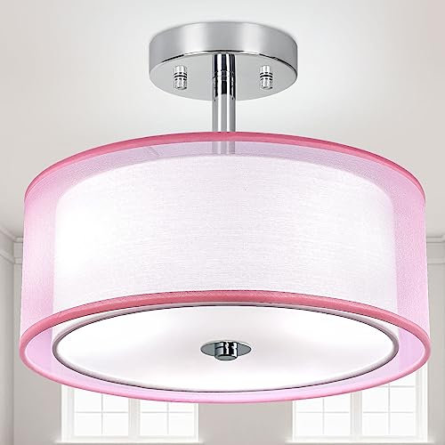 Depuley LED Deckenleuchte Modern, Semi Flush Mount deckenlampe, Rosa Trommelleuchte mit Zwei Schichten Lampenschirm mit 3 E27 Basis(Glühbirne Nicht inkl) für Wohnzimmer Schlafzimmer Küche Kinderzimmer