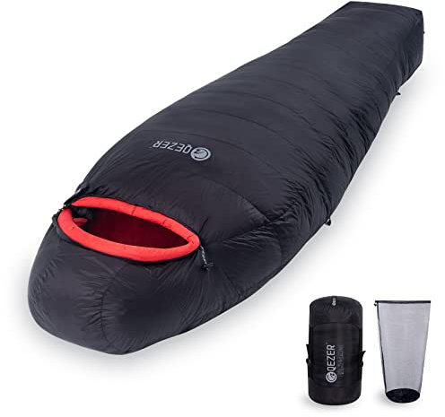 QEZER Saco de Dormir de Invierno -20 Grados, cálido Saco de Dormir de plumón para Clima frío Extremo, Camping, Senderismo y montañismo, con plumón de 660 FP Premium (Negro, 225cm*84cm)