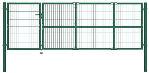 ZEYUAN Gartentor mit Pfosten, Gartentür, Gartentüren, Gartenzaun Tür, Zauntür, Zauntor, Flügeltore, Garten Türe, 350 x 100 cm Stahl Grün