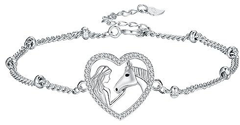 Arrebol Bracciale Cavallo e Ragazza Donna Argento Sterling 925 Ciondolo Braccialetto Regalo per Donne Moglie Madri Figlia - Regolabile [16+4cm]