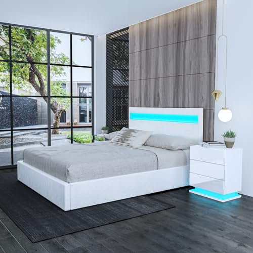Bed Frame, 4FT6 Ottoman Bed with LED Headboard, Gas Lift Bed Bed Frame with Storage, Faux Leather Double Bed for Bedroom Living Room Home Furniture, White