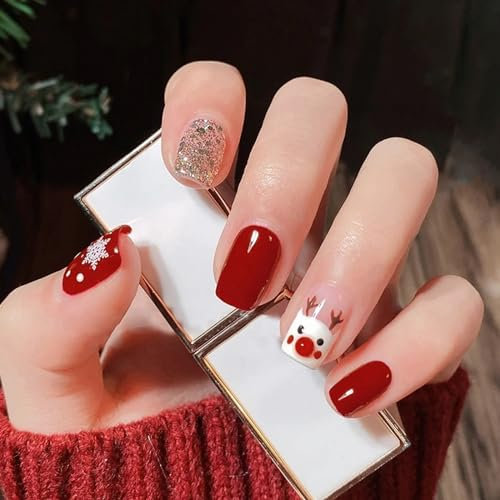 Rosarden Christmas False Nails Short - 24Pcs Stick on Nails - Cute Glitter Fake Nails with Christmas Elk Elements - Xmas Full Cover Acrylic False Nails with Glue