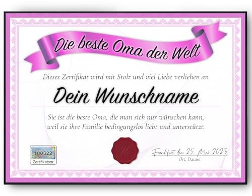 Tigerlino® Beste Oma Geschenk personalisiert Geburtstag Poster Zertifikat Urkunde Großmutter personalisierte Geschenkidee Muttertag