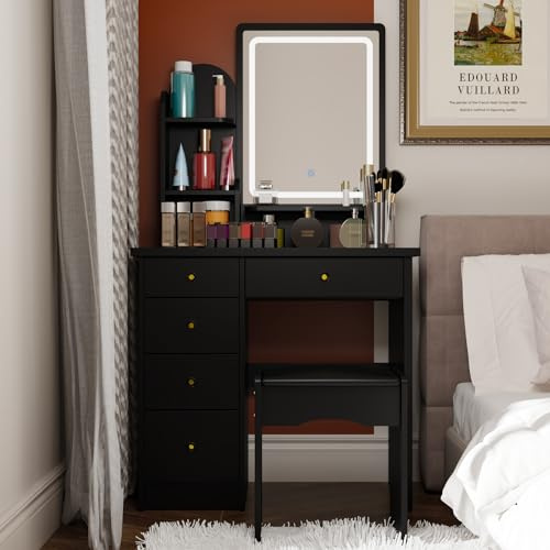 Schminktisch mit Beleuchtung und 5 Schubladen, Frisiertisch mit Spiegel, Kosmetiktisch mit Offene Regale，Eckschminktisch mit Hocker, Schminktische, Schwarz, Schlafzimmer 80 B x 40 T x 140H cm