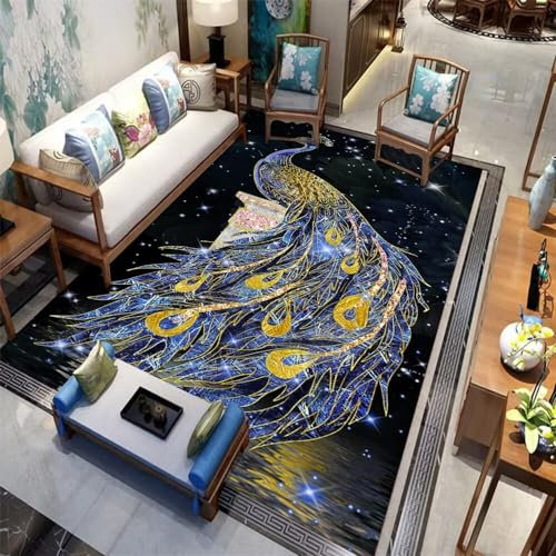 Goldener Chinesischer Stil Teppich Mit Pfauenmuster Für Mädchen Schlafzimmer Um Ablösung Zu Verhindern 50X80Cm Deko Kinderzimmer Blau Günstig Rutschfester
