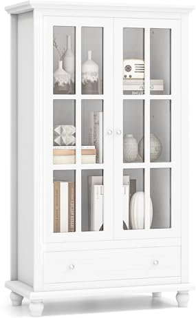 GOPLUS Highboard Schrank, Vitrinenschrank mit Glastüren & Schubladen, Mehrzweckschrank mit verstellbaren Trennwänden, Küchenschrank, Bücherschrank, Wohnzimmerschrank für Wohnzimmer, Büro, Küche