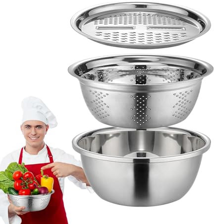 Passoire Avec Bol Inox - Passoire À Egoutter En Acier Inoxydable,3 En 1 Saladier Et Passoire Avec Râpe À Fromage,Passoire De Cuisine,Panier Égouttoir Avec Plateau Pour Légumes,Fruits Pour Salade Légum
