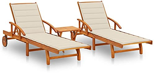 Gecheer Sonnenliege Sonnenliegen Gartenliege Liegestuhl Gartenstuhl Strandliege Liege 2 STK. mit Tisch und Auflagen Massivholz Akazie