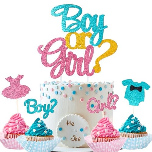 BETESSIN 13pz Decorazione Torta Genere Rivelazione Boy or Girl Cake Topper Torta in Carta Glitter Boy or Girl per Decorazione Torta Genere Rivela Rosa+Blu