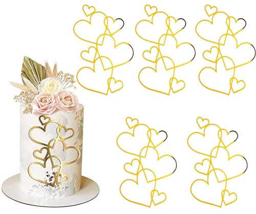5pcs Love Heart Cake Toppers, Gold Acrylic Love Heart Cake Decorations Toppers Wedding Engagement Proposal Anniversary Birthday Party Decorations Supplies