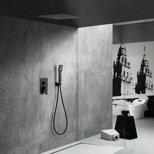 IMEX - Ducha Empotrada Techo Negra Monomando | Kit de Grifería Empotrado con Alcachofa y Rociador Antical Efecto Lluvia | Columna Ducha Empotrada con Grifo en Latón y Acero Inox S.304 | Serie Volga
