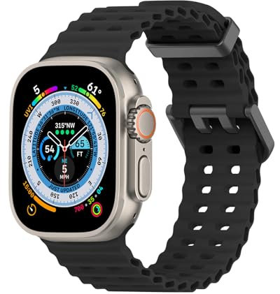 Lobnhot Cinturino Oceano Compatibile con Apple Watch Ultra 2 / Ultra 49mm 45mm 44mm 42mm Uomo Donna, Sostituzione Cinturino Sportivo Silicone per iWatch Ultra 2 Serie 9 8 7 6 5 4 3 2 1 SE, Nero
