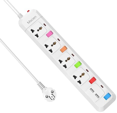 4 Way Extension Lead with 2 USB, Mscien 4 Independent Switch UK to EU Power Strip with 1.8M Extension Cord Wall Mountable (Type E/F Plug)