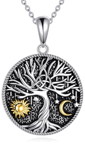 VONALA Tree Of Life Celtic Necklace Sterling Silver Sun and Moon Necklace Tree Of Life Celtic Necklace Pendant Jewelry For Men Women