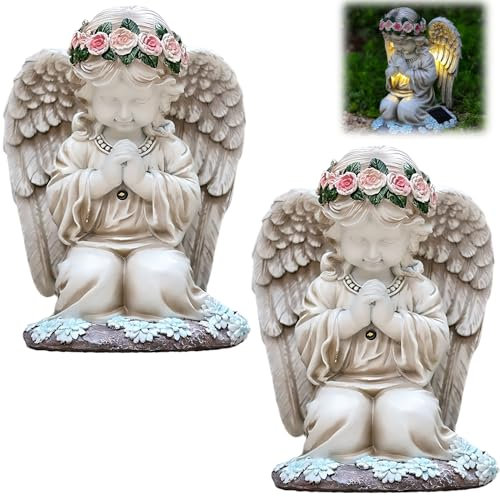 TAZZOR 2 Stück LED Engel Deko für Draußen, Grab Engel Garten Deko, Grabschmuck Wetterschutz für Friedhof und Garten, Engel für Grab wetterfest, Grabengel & Solar Grablicht, 20.5cm