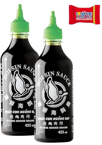 FLYING GOOSE Hoi Sin Sauce, 2er Pack (2 x 455 ml), Pikant, Grüne Kappe, Kräftige Würzsauce aus Thailand, Mit Tony's Chocolonely Schokoladenriegel - Trinovi