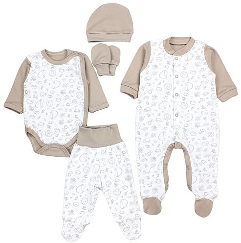 TupTam Baby Kleidung Set Jungen Langarm Bekleidung Neugeborene Füßlingen Hose Body Strampler Mütze 5 tlg, Farbe: Igel Beige, Größe: 50