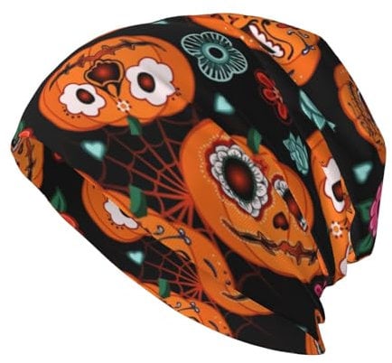 zerosevenee Beanie-Mütze mit Igelblumen, warm, Stretch, für Erwachsene, Strickmütze, leicht, lässig, Totenkopf, Chemo-Kappe, Kopfbedeckung für Männer und Frauen, Halloween Terror Kürbis, Einheitsgröße