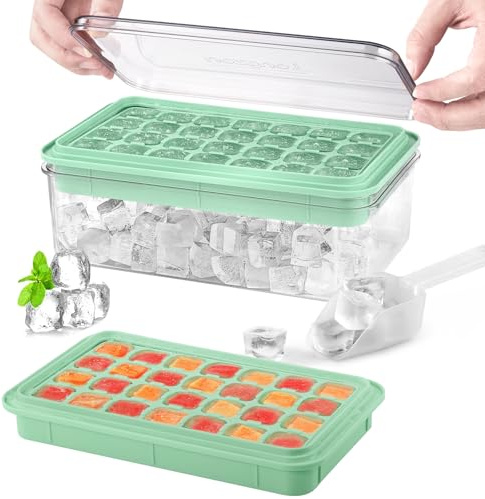 longzon Mini Eiswürfelform mit Deckel und Behälter, 56 Stück Eiswürfelschalen für Gefrierschrank, auslaufsicherer, abnehmbarer Deckel und Eisschaufel, Eiswürfelform für Whiskey-Cocktails– Grün