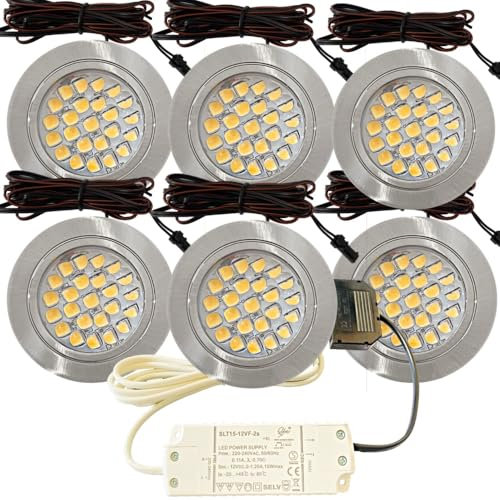 6er Set LED Möbel Einbauleuchten 12V ultra flach 2.4W Einbauleuchten Mira 190lm mit LED Trafo und 230V Zuleitung 3000K Warmweiß Lochausschnitt: 58 bis 60mm Silber Plug and Play Spots Ø=65,5 X 10,7mm