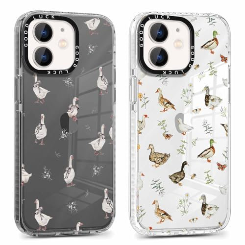 Phoona 2 packs Phone Case for iPhone 12 6,1'', Cute Clear Transparent Cover with Duck Pattern Aesthetics Design, Soft Shockproof Protective Bumper Slim Funda for Women Girls