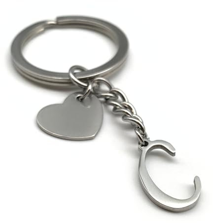 Porte Clef Lettre avec coeur - Initial A-Z nom Porte-clés - Acier inoxydable fait à la main - Petit ami petite amie partenaire voiture (C)