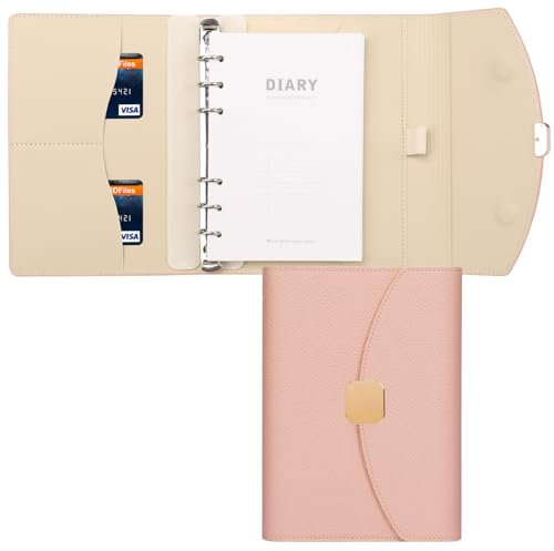 FYY PU Leder A6 Binder Notizbuch,6 Ring Budget Binder Journal Planer mit nachfüllbaren gefütterten losen Blatt Papier 100 Blätter/200 Seiten,Rosa