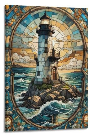 WJDYMX Christliche Leuchtturm-Landschaft in Buntglas-Collage, dekoratives Gemälde, Leinwand, Wandposter und moderne Familienschlafzimmer-Dekoration, 20 x 30 cm