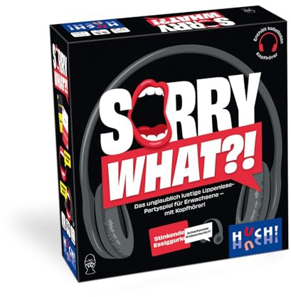 HUCH!, Sorry What?! Spiel Deutsch, Partyspiel ab 18, Verrücktes Lippenlesen mit Kopfhörer und witzigen Phrasen, Ab 2 Spielern ab 18 Jahren