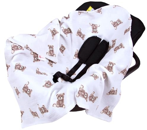 Babylux Einschlagdecke für Babyschale Autositz 80x80 cm – Sommer Babydecke aus Musselin Baumwolle – Atmungsaktiv, mit Gurtschlitzen (D6 Bären)