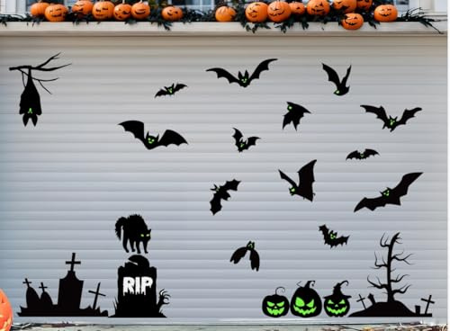 VISSTREE Murciélagos magnéticos para decoración de puerta de garaje de Halloween, 21 piezas de murciélagos negros, araña, imanes de puerta de garaje con calcomanías brillantes para fiesta de Halloween