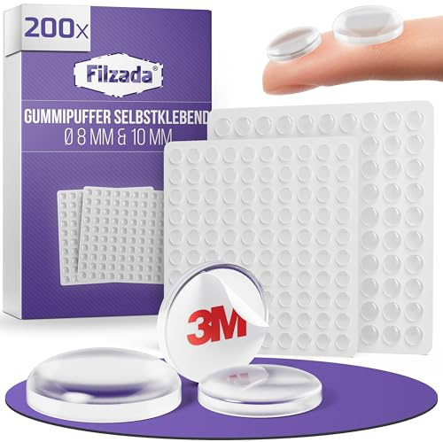 Filzada® 200x Elastikpuffer Set D8/D10mm Transparent - Anschlagpuffer Türen | Türpuffer Gummi für Türen, Schränke, Glas - Gumminoppen Selbstklebend, Gummistopper leise - rückstandslos entfernbar